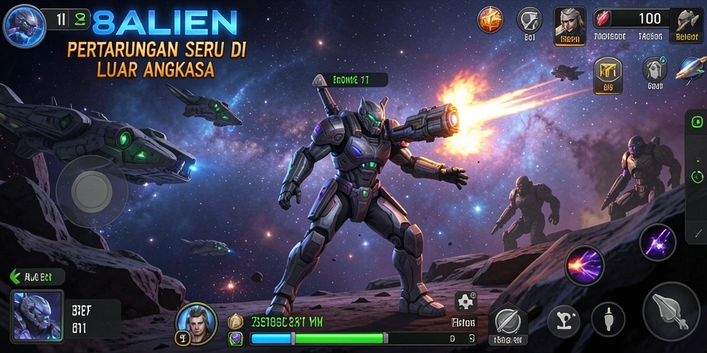 Screenshot utama gameplay 138ALIEN yang menunjukkan pertarungan luar angkasa yang memukau.