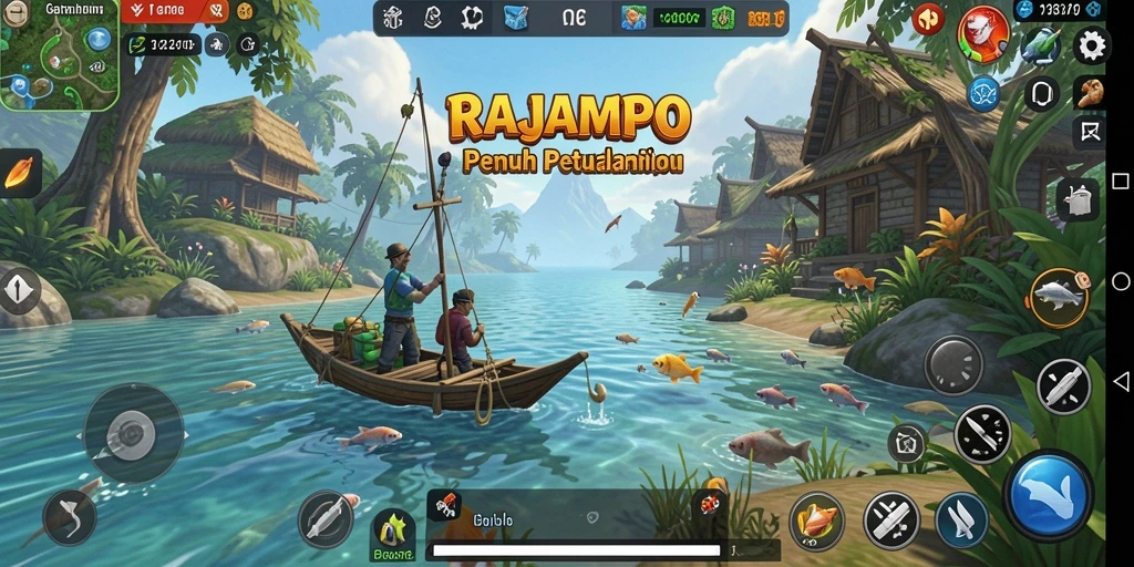 Tampilan gameplay RAJAMPO yang menampilkan aksi memancing seru.