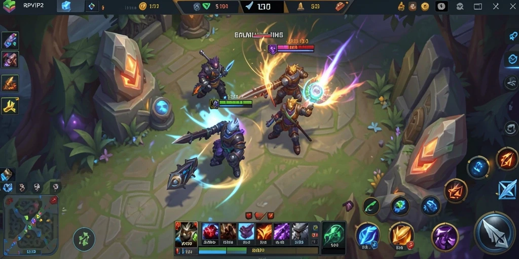 Screenshot RPVIP2 menampilkan pertempuran seru dan strategis dalam game MOBA.